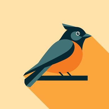 Minimalist flat design illustration of a vibrant robin-like bird perched on a branch, showcasing clean lines and a modern aesthetic with a long shadow effect vector