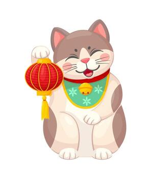 Maneki neko Japanese lucky cat with paper lantern vector
