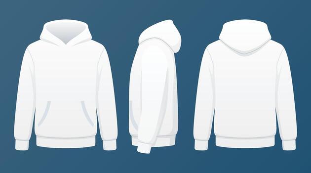 White Hoodie without Zip Mockup Front, Side, and Back View Template on Blue Background vector