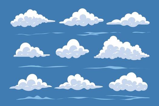 Collection of soft white cartoon clouds on a clear blue sky background, creating a calm and playful atmosphere. vector