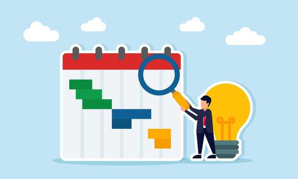 Businessman examining schedule calendar with magnifying glass near a lamp illustration of calculation and planning schedule for business idea and innovation strategy vector