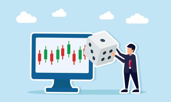 Businessman holding dice near monitor displaying stock candlestick progress illustration of technical analysis calculation for stock movement vector