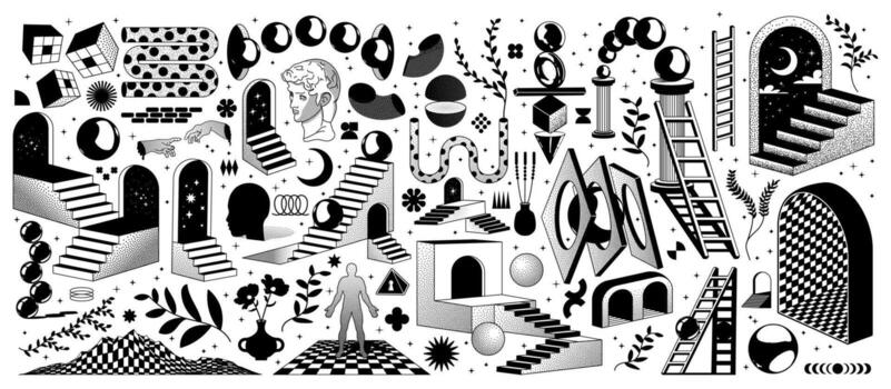 Surreal abstract 3D geometric shapes. Minimalistic style with spheres columns arches and steps. Mystical elements with noise effect. Graphic set vector