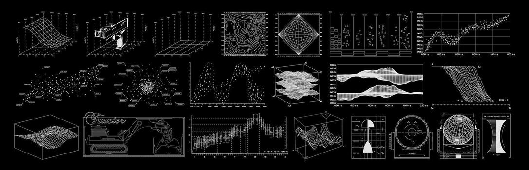 Wireframe of geometric shapes. 3D retro futuristic blueprints of spheres, waves, diagram, graphs. set of graphics for design vector