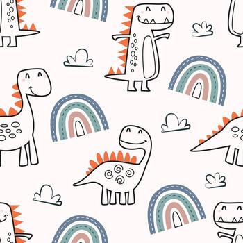 sin costura modelo con linda dinosaurios, arco iris y nube. infantil y juguetón caracteres ilustración para textil, lecho, vestir, imprimir, envase papel, ropa, antecedentes y otros vector