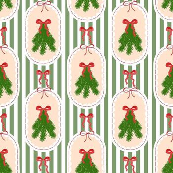 Trendy Christmas Seamless Pattern with decorative Frames and branches Christmas trees tied with red ribbon bows on a striped green background. Xmas coquette retro print. For fabric, wrapping paper. vector