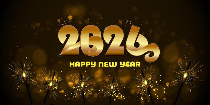 Elegant golden 2026 Happy New Year background with glowing sparklers, festive lights, and bokeh effect on dark backdrop. Perfect for holiday cards, party invitations, and web greetings vector