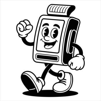 Cartoon credit card reader character walking with happy expression payment terminal vector