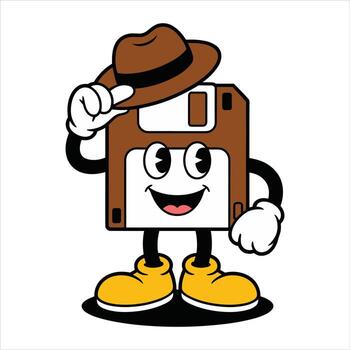 Cartoon Floppy Disk Character Wearing a Hat and Waving Keywords floppy disk computer technology vector