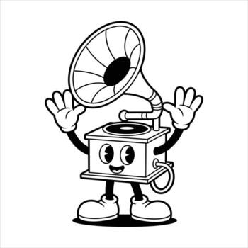 Retro cartoon gramophone character with hands raised on white background Keywords gramophone vector