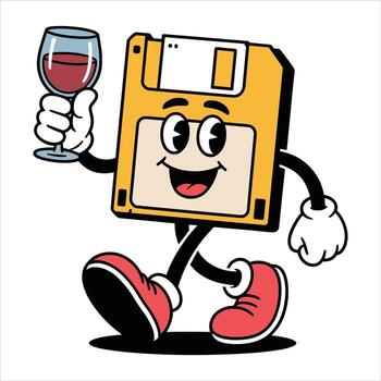 dibujos animados flexible disco personaje caminando con un vaso de rojo vino disquete computadora vector