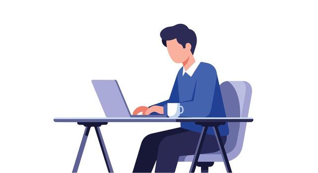 Man working on a laptop at a desk with a mug of coffee vector