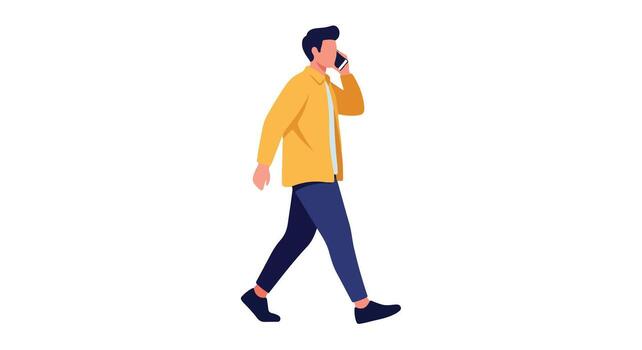 Man in yellow jacket talking on cell phone while walking, isolated on white background vector