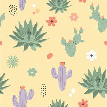 Whimsical Succulent and Cactus Pattern with Flowers and Dots vector