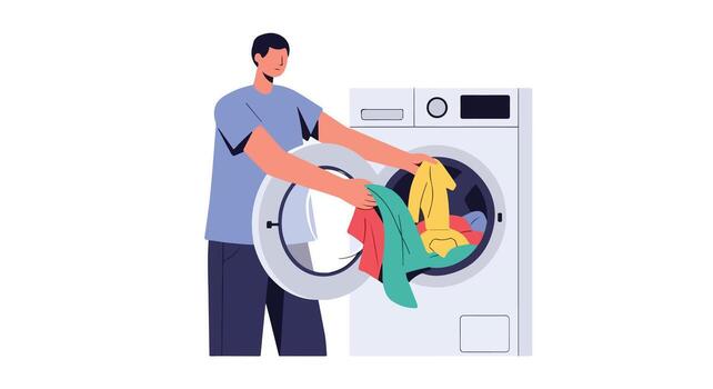 hombre cargando vistoso ropa dentro un moderno Lavado máquina para lavandería vector