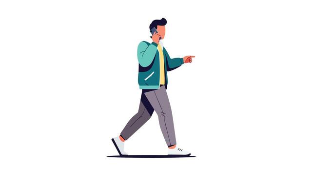 Man in Casual Attire Walking While Talking on a Mobile Phone vector