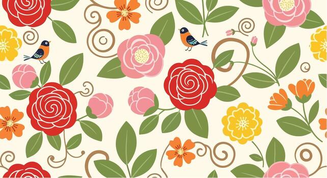 Charming Floral Pattern with Birds and Swirling Vines - Seamless Repeating Design vector