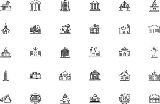 Collection of simple hand drawn architectural building icons and silhouettes for design projects vector