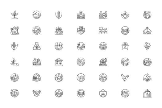 Collection of hand drawn botanical icons representing various plants and leaves in a grid layout vector