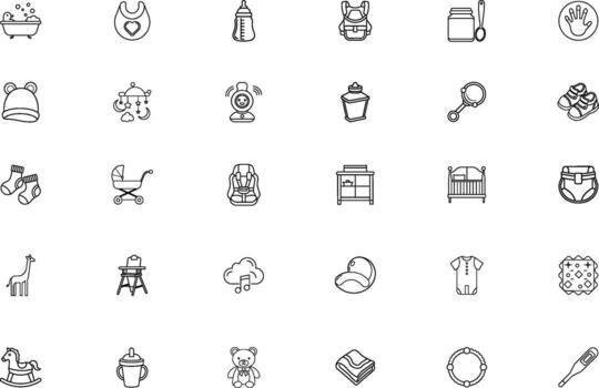 Collection of hand drawn doodle icons representing various objects and concepts in a grid layout vector