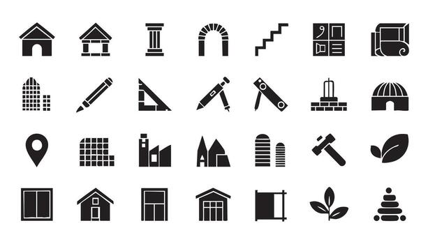 Collection of architectural and construction icons representing buildings tools and design elements vector