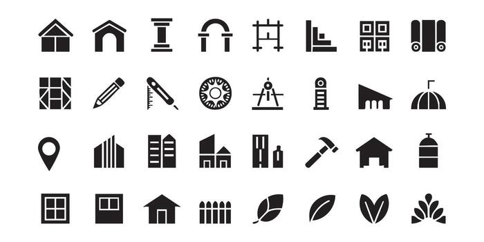 Collection of architectural and construction icons representing buildings structures tools and elements vector