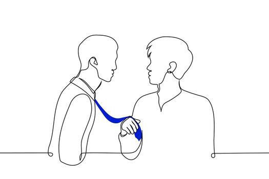 man holds another by the tie - one line art . friendly gesture or showing dominance to a violent one, a way to pull someone closer, get their attention, or adjust their tie, Gesture of closeness vector