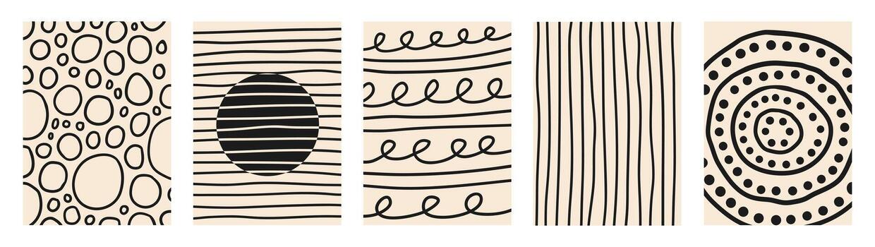 Abstract set vertical creative backgrounds with dynamic linear waves. Black and beige colors. Trendy illustration in style retro 70s, 80s vector