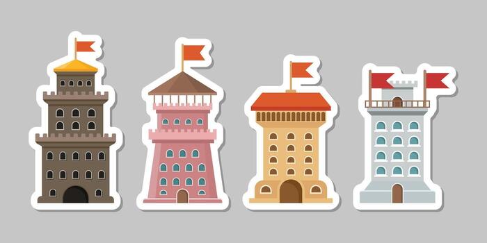 Four different colored castle buildings with flags on them vector