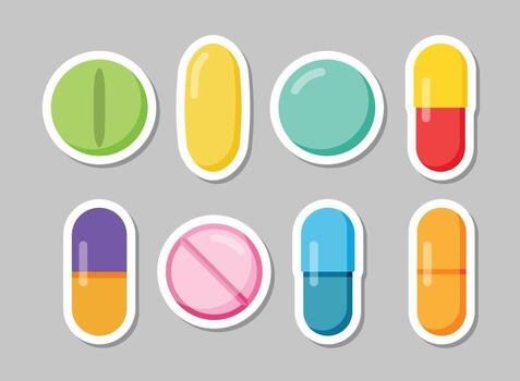 Set of colorful pills and capsules on a gray background vector