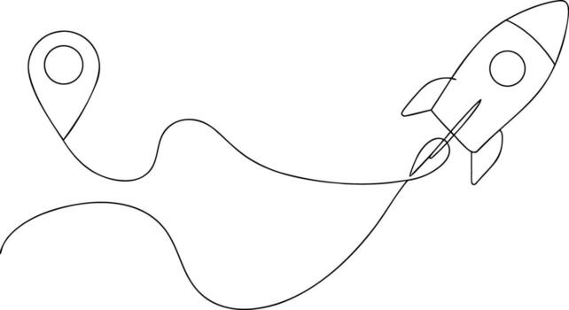Line art rocket and map pin with curved path spaceship vector