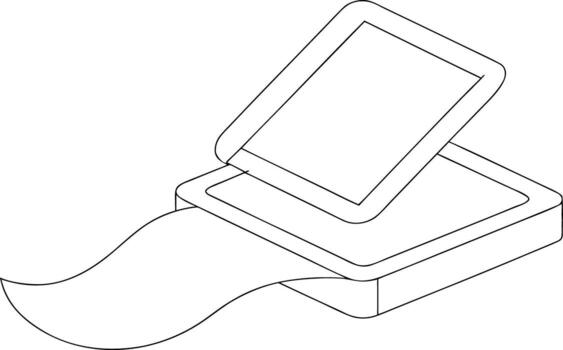 isométrica línea Arte de un abierto escáner con papel documento vector