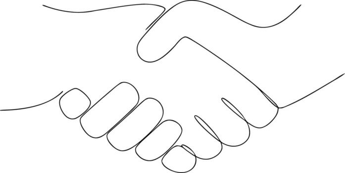 Single line drawing of two hands shaking handshake vector