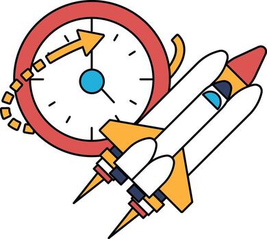 un reloj y un cohete son mostrado en un blanco antecedentes vector