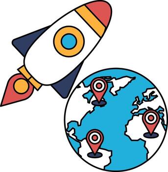 A rocket is flying through space and is surrounded by a globe vector