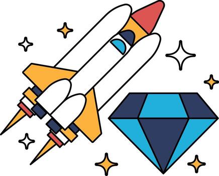 A rocket is flying through space with a diamond in the background vector