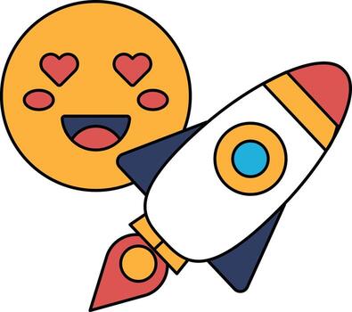 A smiling face with a heart on it is next to a rocket vector