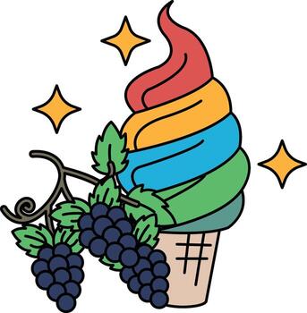 A drawing of a grapefruit and a grape ice cream cone vector