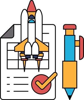 A rocket is on top of a piece of paper with a pen on the right side vector