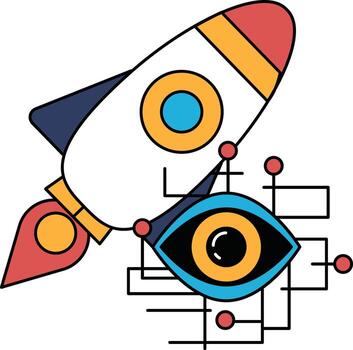 A black and white drawing of a rocket with an eye in the middle of it vector