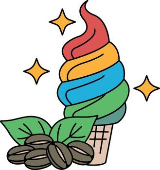 A drawing of a cone with a leaf on top and a scoop of ice cream vector