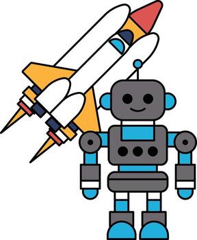 A robot is standing next to a rocket vector