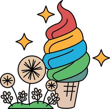 A drawing of a large ice cream cone with a flowery background vector