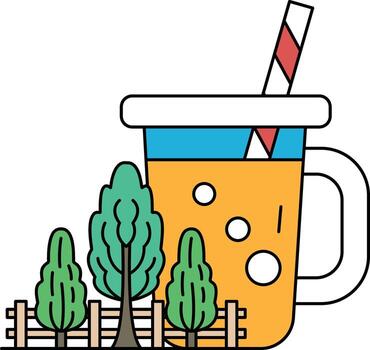 A cup of coffee with a straw in it is on a table next to a tree vector