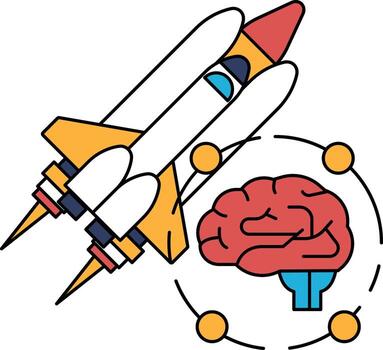 A rocket is flying through space with a brain in the middle vector