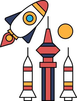 un cohete es volador mediante espacio y es rodeado por Tres alto edificios vector