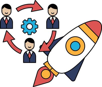 A group of people are smiling and working together to launch a rocket vector