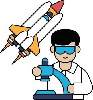 A man in a lab coat is working on a machine that is launching a rocket vector