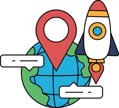 A black and white drawing of a rocket and a globe with a small dot in the middle vector