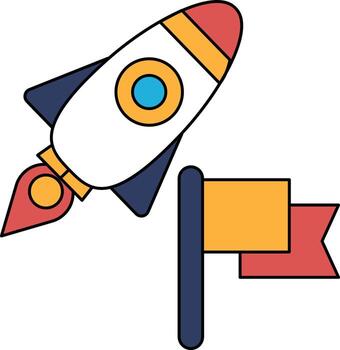 A rocket is flying in the sky with a flag in the foreground vector